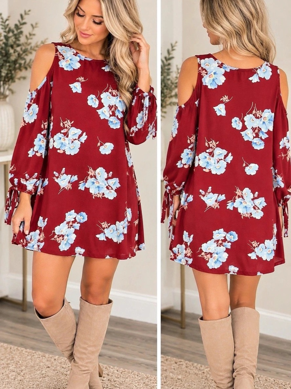 Burgundy Floral Long Sleeve Tunic Dress – Cold Shoulder, Tie Cuff